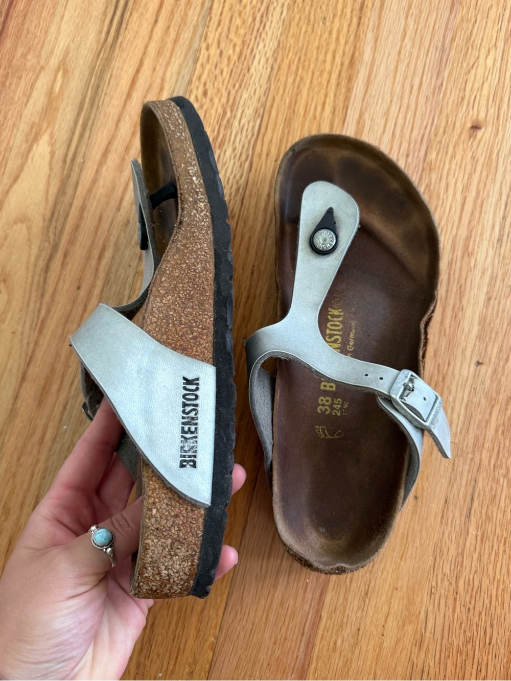 Birkenstock Silver Metallic Thong Sandals with Buckle